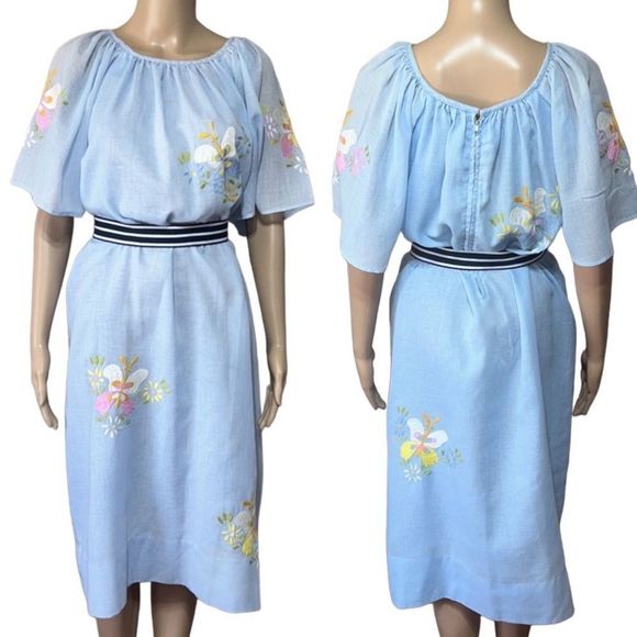 Vintage 40s 50s blue handcrafted embroidered linen Mexican shift dress mod sz XL - Picture 1 of 12